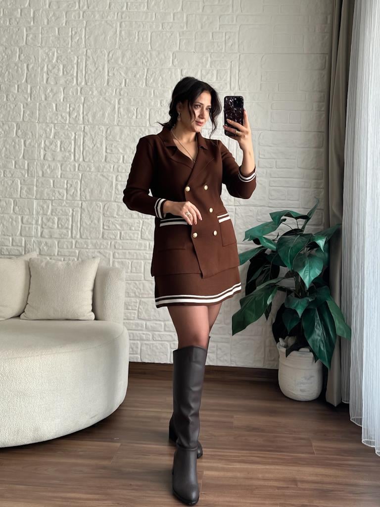 Çelik Örme Çift Kat Dokuma Ceket Etek Triko Takım Kahverengi