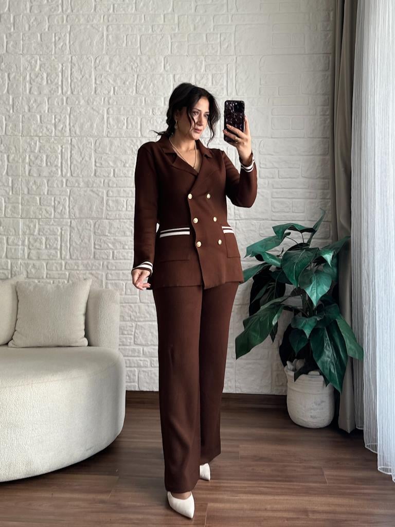 Çelik Örme Çift Kat Dokuma Ceket Pantolon Takım Kahverengi
