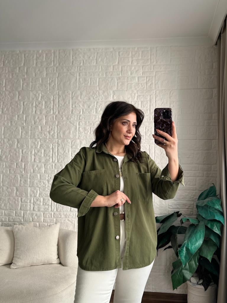 Çift Cep Gabardin Gömlek Haki Yeşil