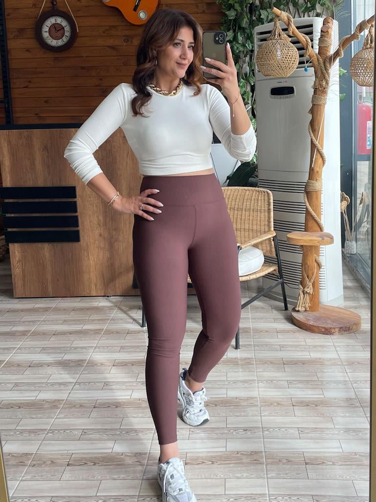 Çift Kat Dokuma Toparlayıcı Tayt Kahverengi