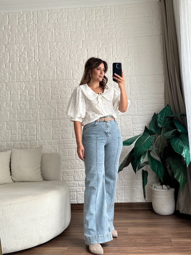 Çıma Dikişli Yüksek Bel Kemerli Jean Buz Mavi