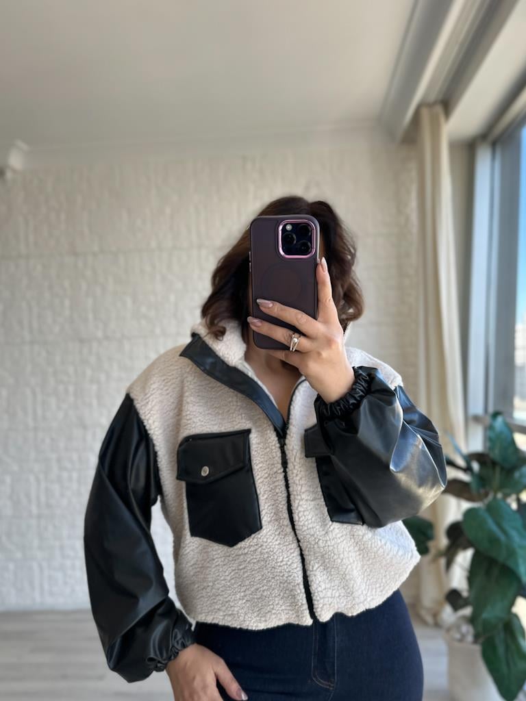 Deri Kol Cep Detaylı Astarlı Teddy Mont