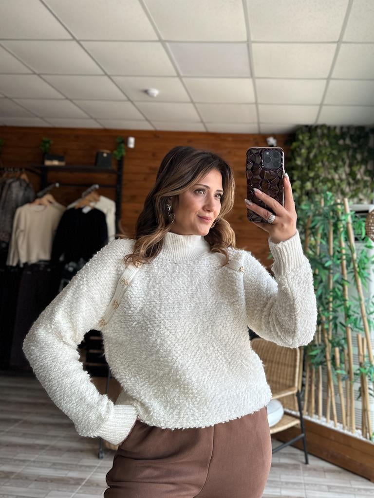 Dik Yaka Teddy Gold Fiyonk Detaylı Triko Kazak