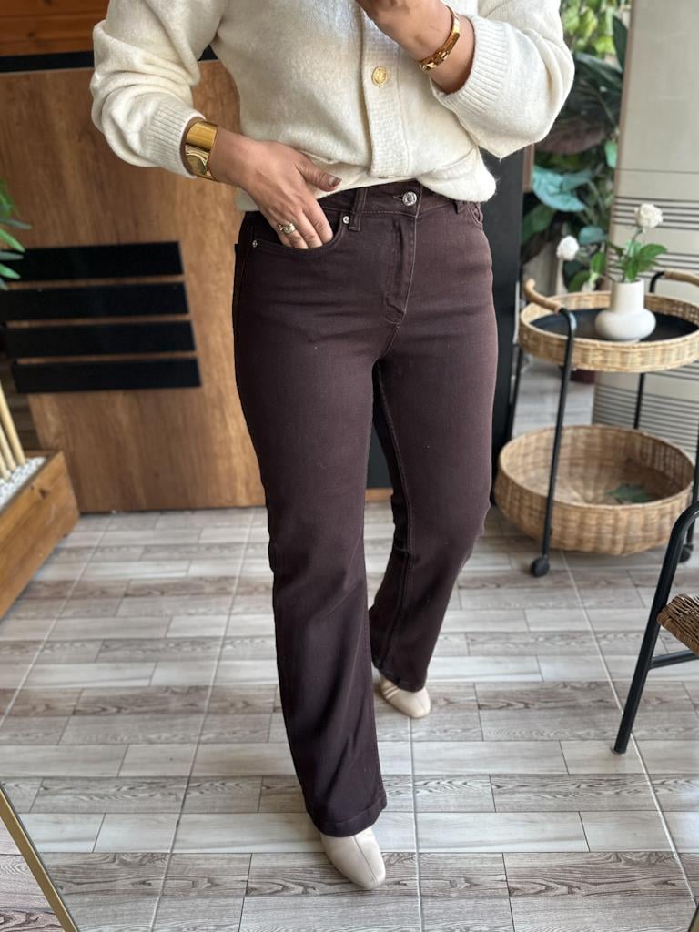 Dikişli Bol Paça Relax Jean Pantolon Kahverengi