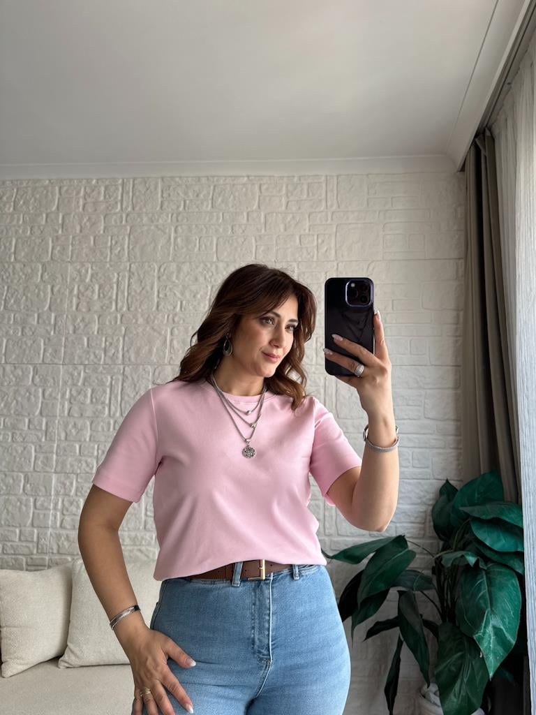 Dilvin %100 Pamuk Bisiklet Yaka T-shirt Pembe