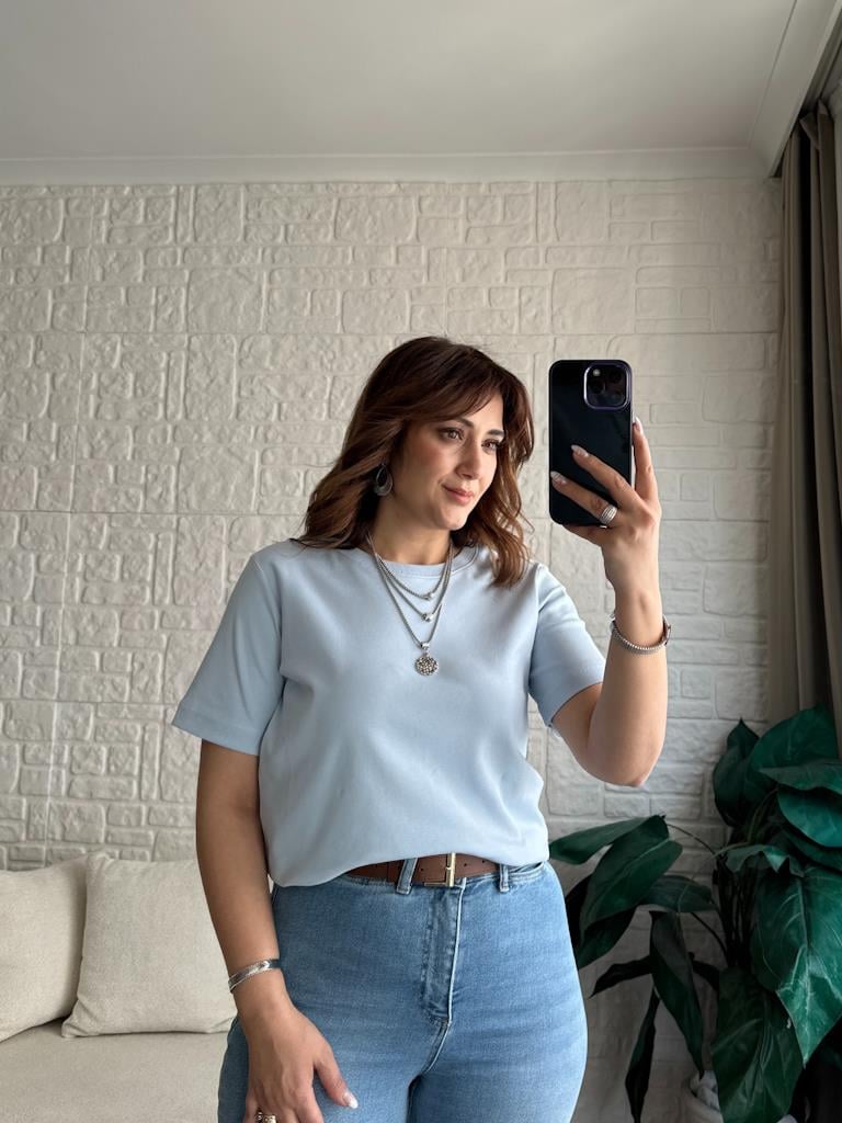 Dilvin %100 Pamuk Bisiklet Yaka T-shirt Bebe Mavi