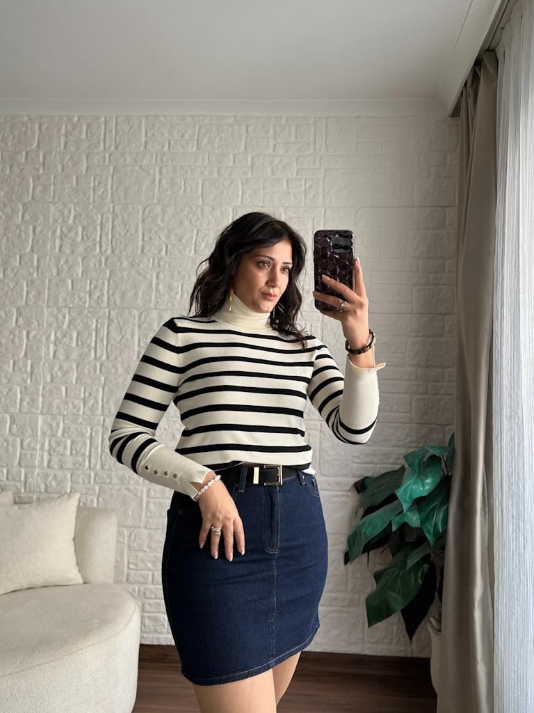 Dilvin Balıkçı Yaka Çizgili Droplu Kazak