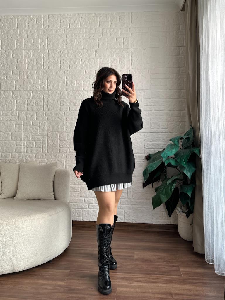 Dilvin Balıkçı Yaka Oversize Kazak Siyah