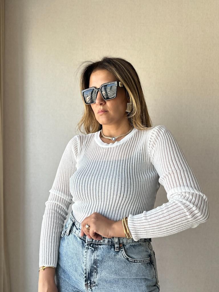 Dilvin Bisiklet Yaka Transparan Bluz Beyaz