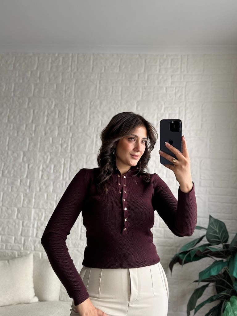 Dilvin Dik Yaka Çıtçıtlı Premium Triko Kazak Bordo