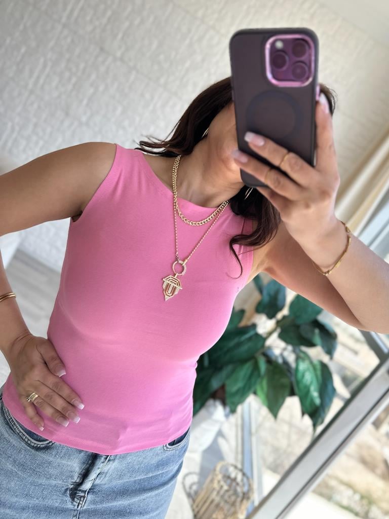 Dilvin Kayık Yaka Kolsuz Uzun Bluz Pembe
