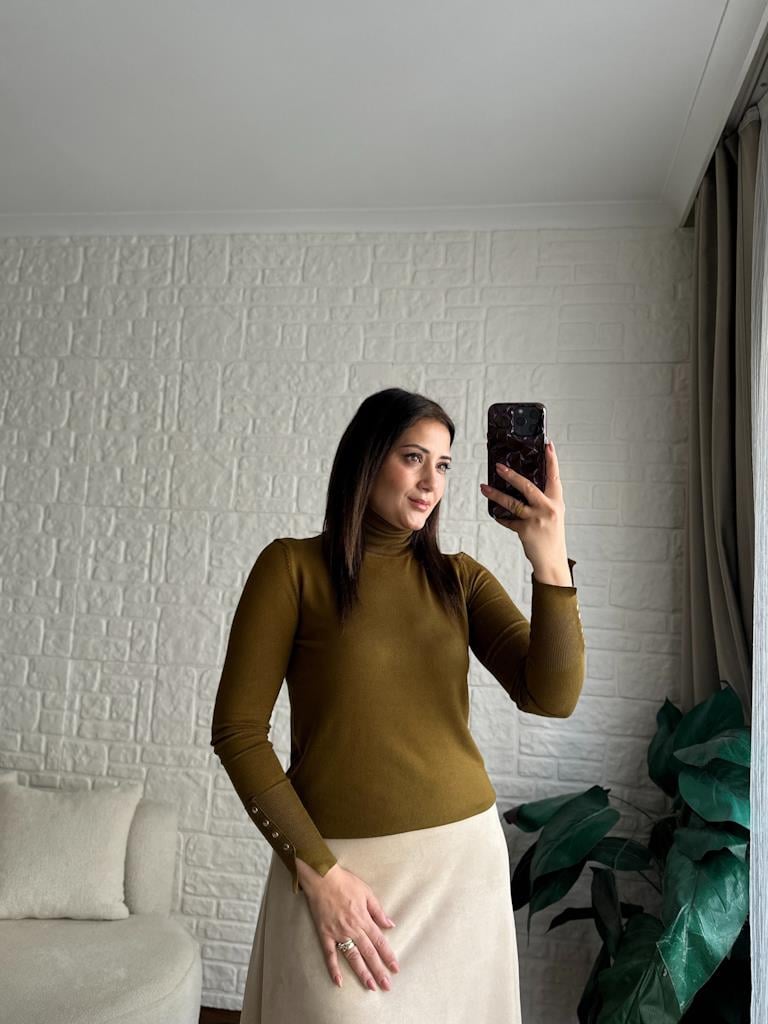 Dilvin Kol Droplu Balıkçı Yaka Triko Yeşil