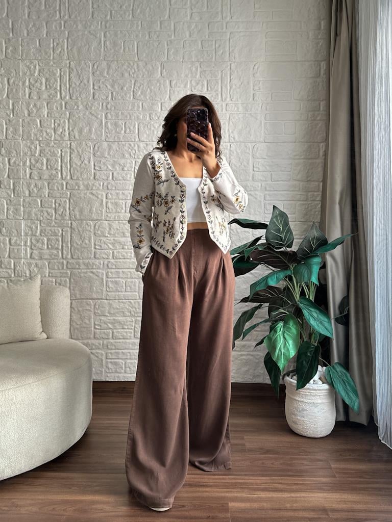 Dökümlü Tensel Kumaş Palazzo Pantolon Kahverengi