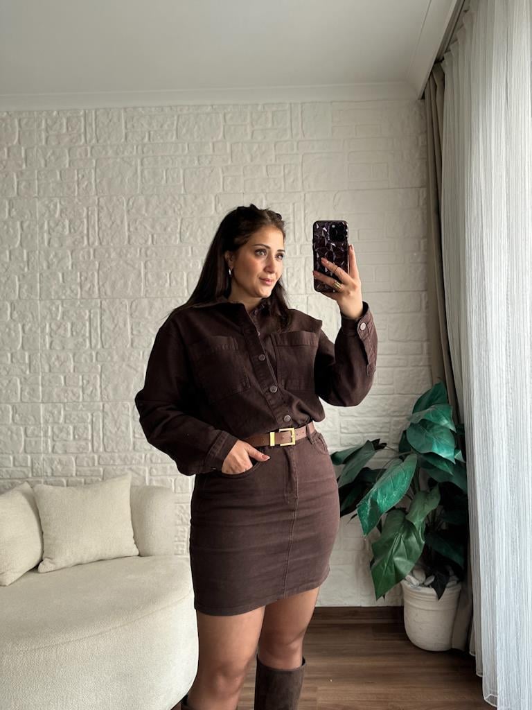 Düğmeli Mini Kot Elbise Kahverengi