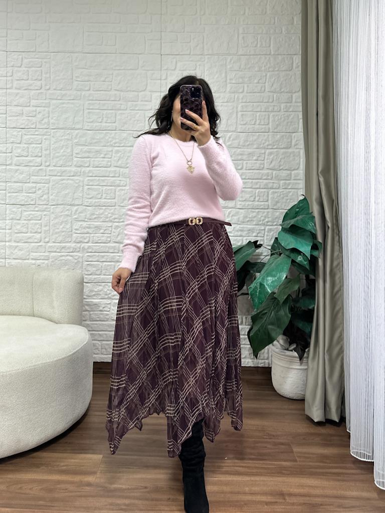 Ekose Desenli Kırışık Efektli Astarlı Midi Şifon Etek Bordo