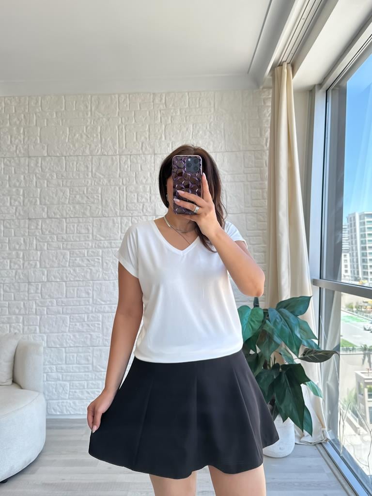 Ekru  Arka Ön V Yaka Modal Penye Tişört