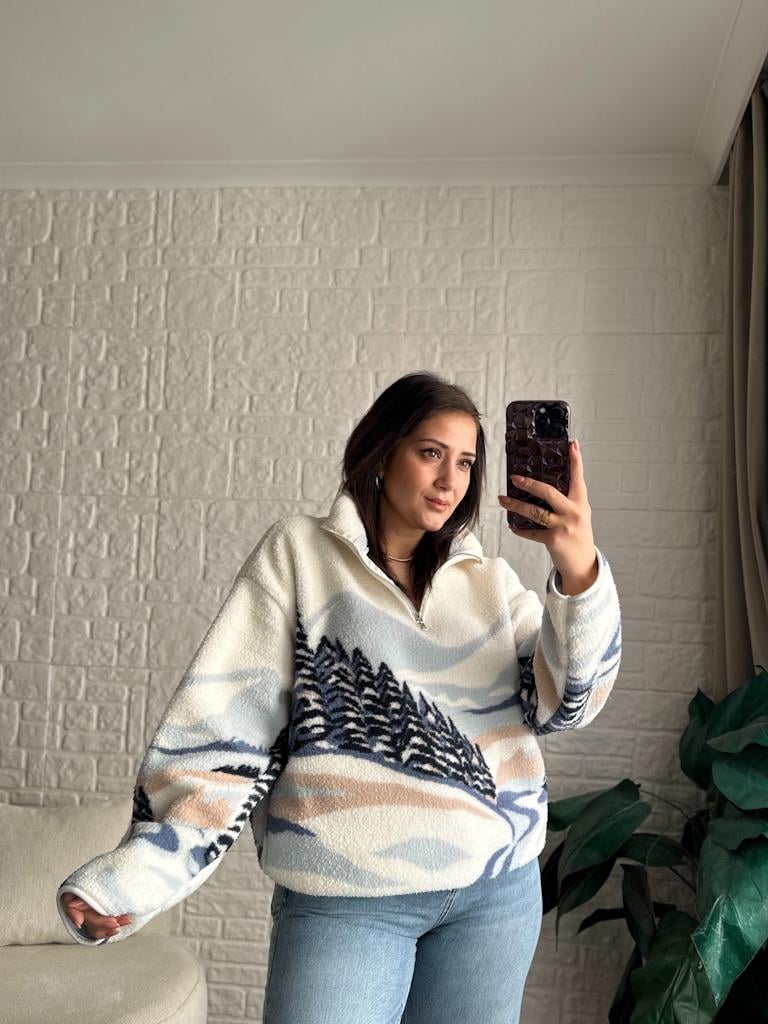Ekru Mavi Skies Desenli Dik Yaka Fermuarlı Polar Sweatshirt