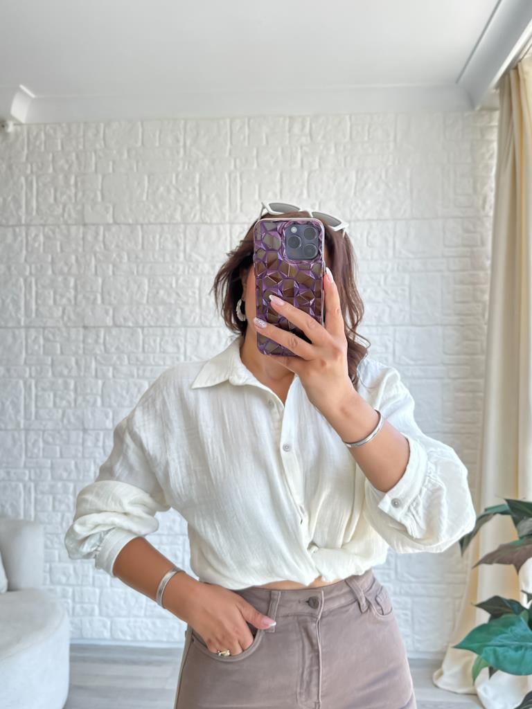 Ekru Müslin Keten Gömlek