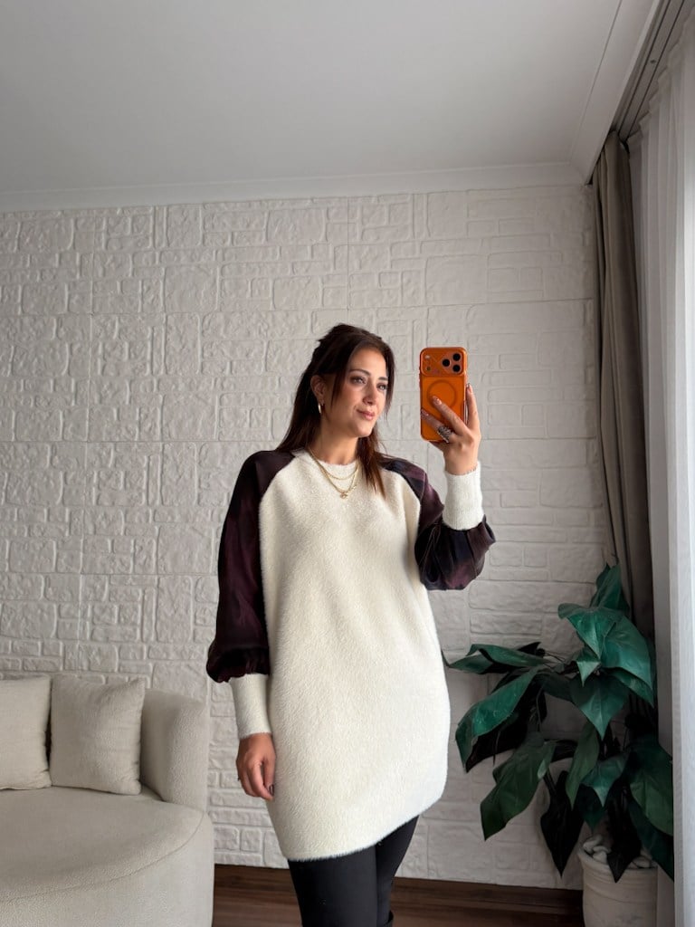 Ekru Reglan Kol Kumaş Detalı Yumoş Tunik