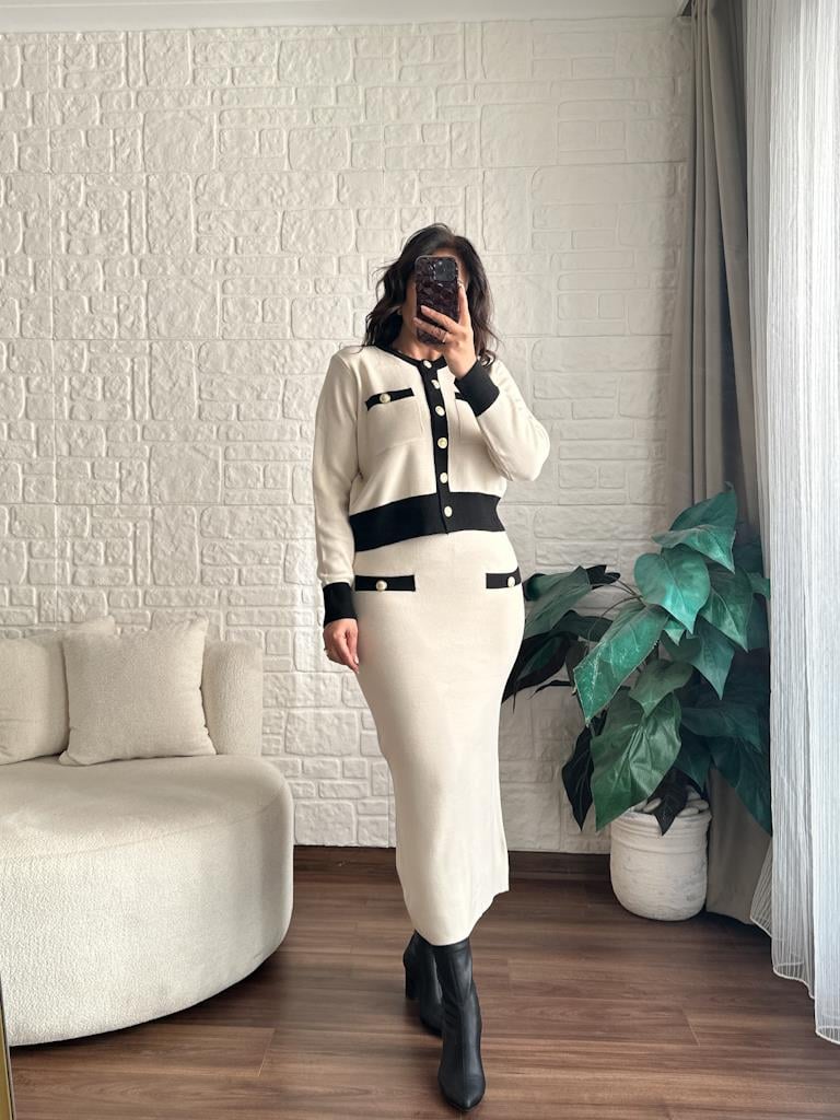 Ekru Uzun Etek Hırka Takım