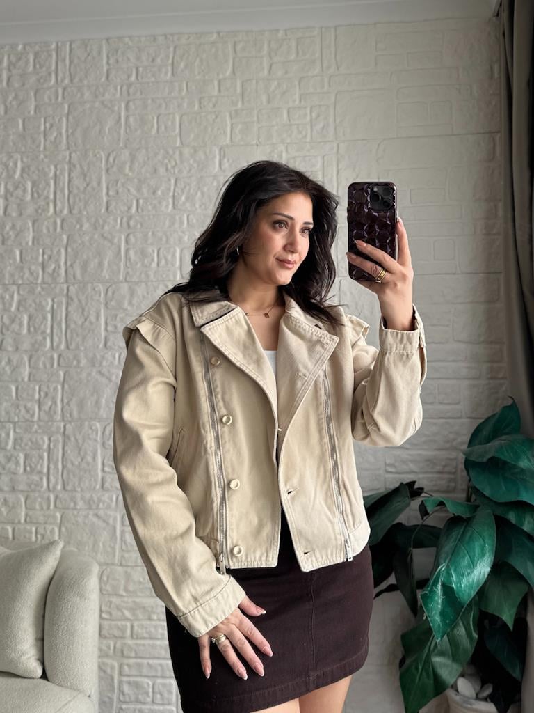 Fermuar Detaylı Kot Ceket Taş