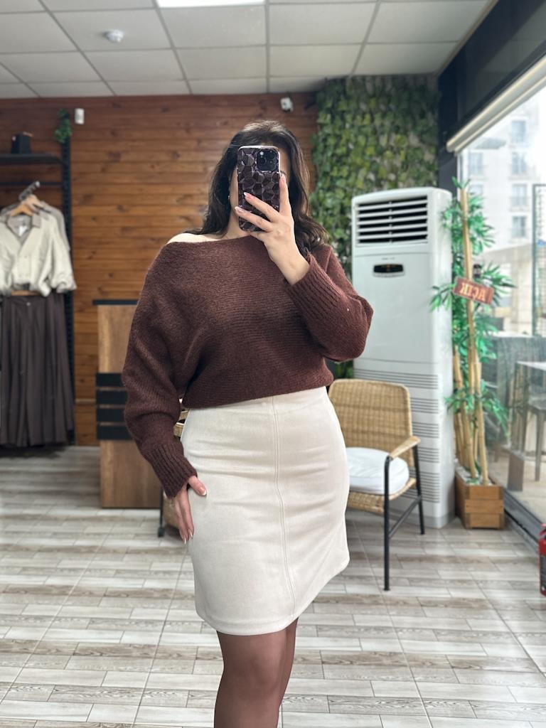 Fermuar Detaylı Midi Boy Süet Etek Taş