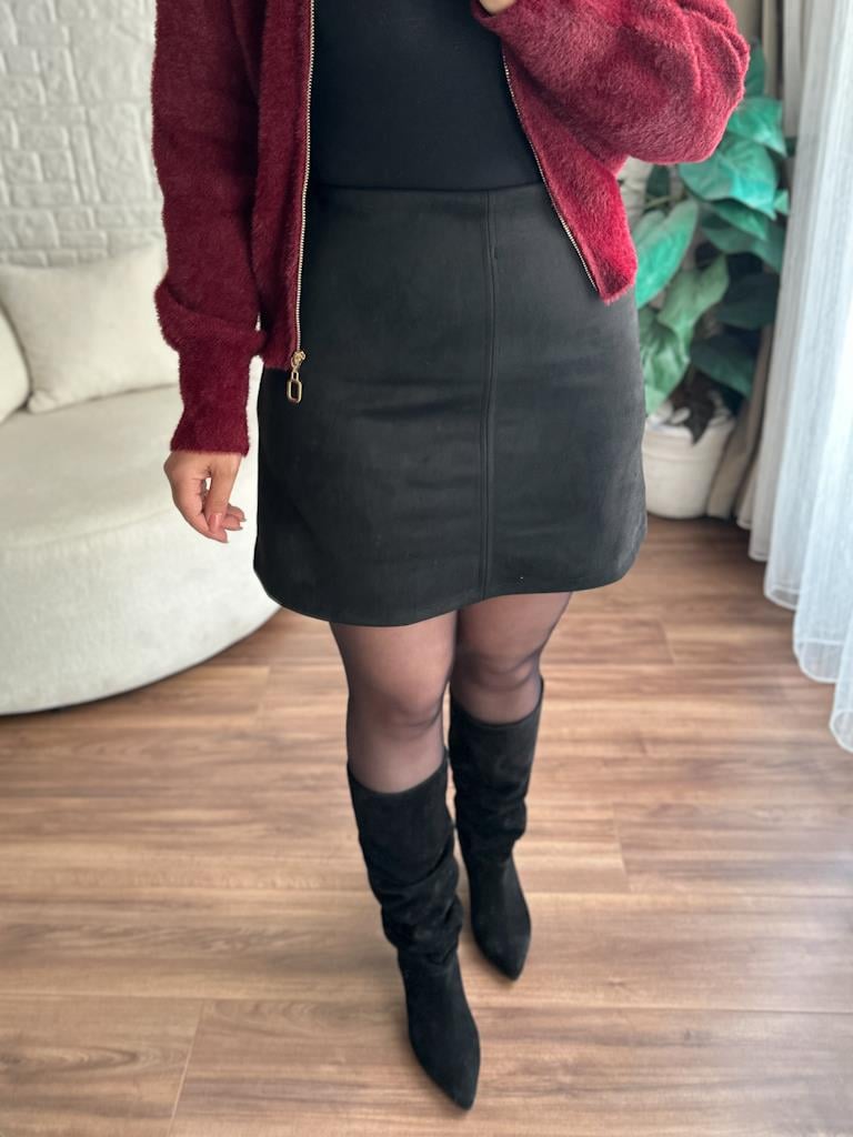Fermuar Detaylı Süet Etek Siyah