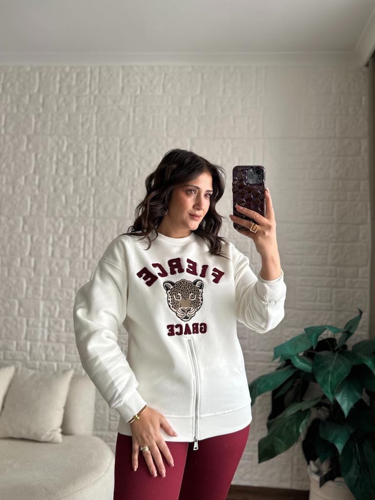 Fierce Panç Nakışlı Kaplan Desen İki İplik Sweatshirt