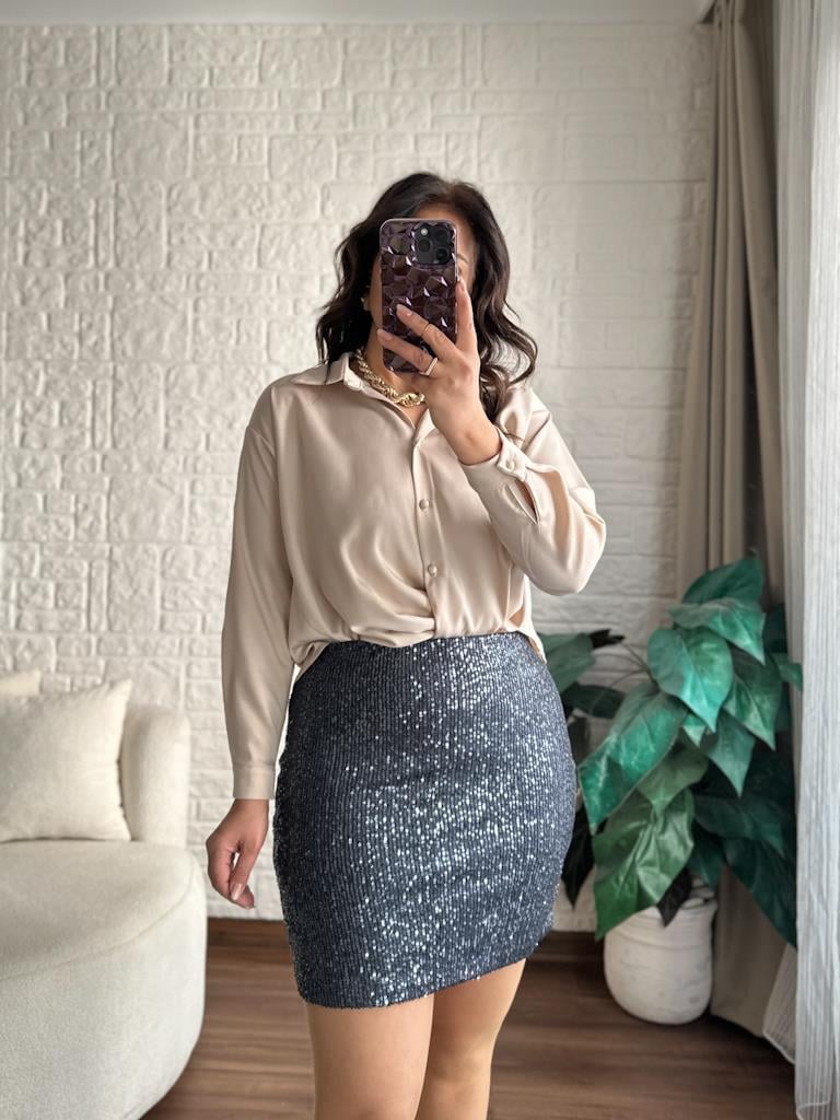 Füme Pul Payet Detaylı Beli Lastikli Likralı Etek