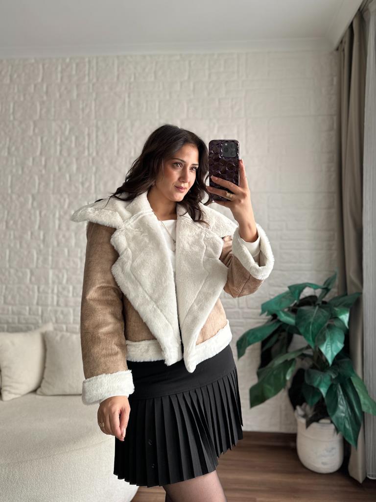 Geniş Yakalı Süet Eskitme İçi Pelüş Mont