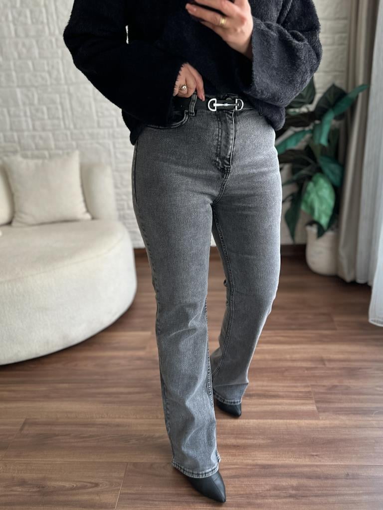Gri Kar Yıkama Likralı Palazzo Jean Pantolon
