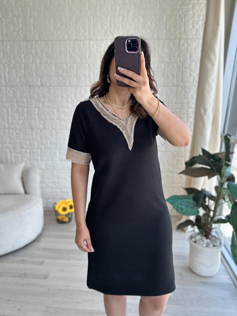 Güpür Yaka Kol Detaylı Modal Elbise Siyah