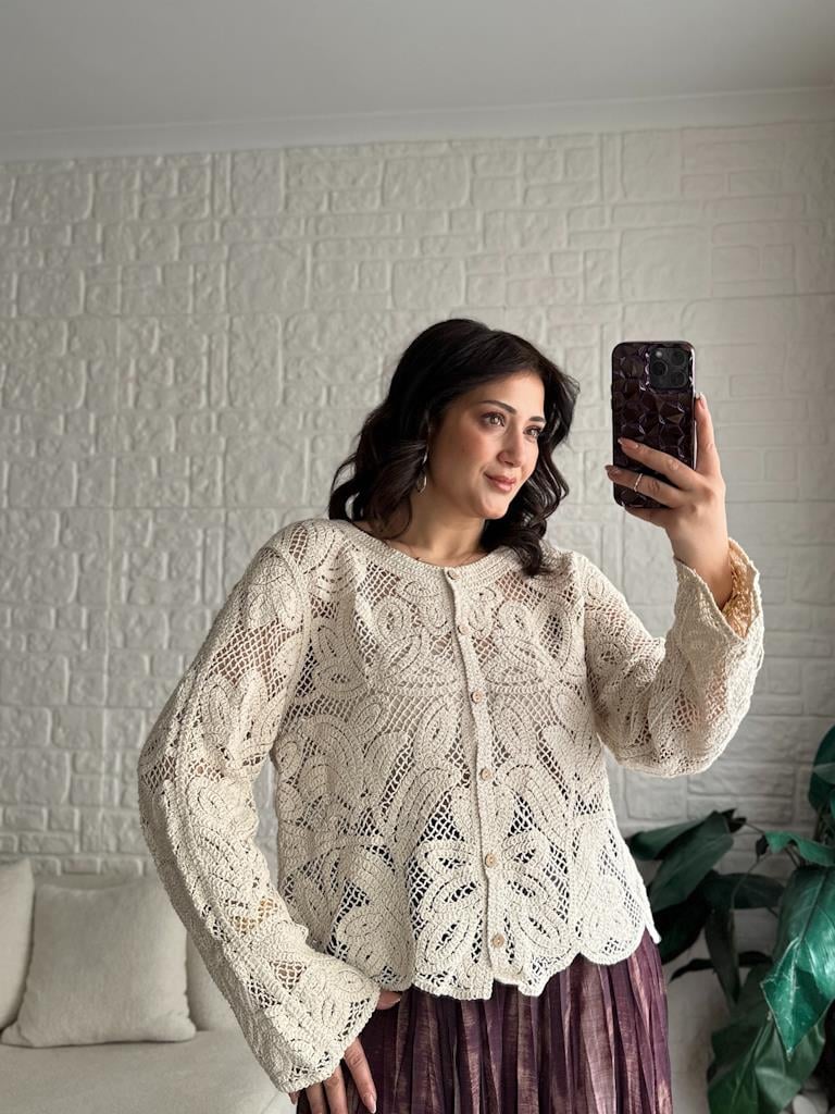 Ham Düğmeli Ajur Desen Premium Hırka