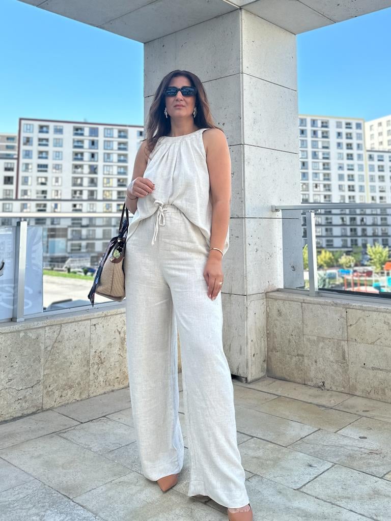 Ham Keten Önü Bağcıklı  Rahat Kalıp Pantolon