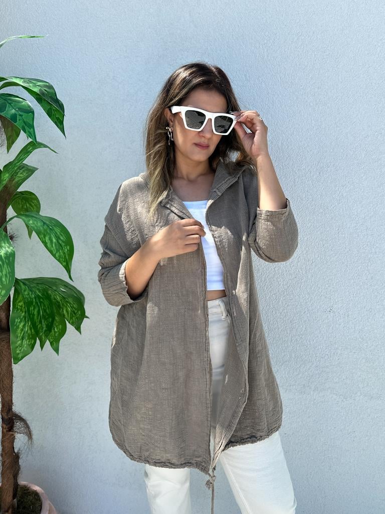 Ham Keten Sırt Detayllı Kapşonlu Ceket Kahve