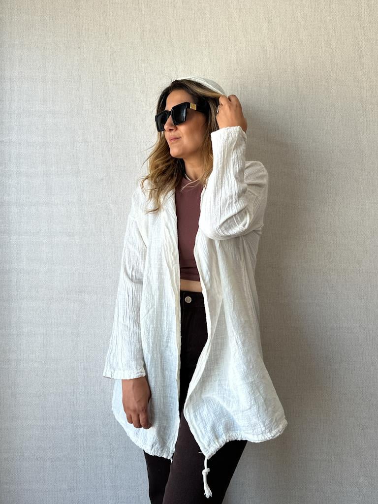 Ham Keten Sırt Detayllı Kapşonlu Ceket Krem