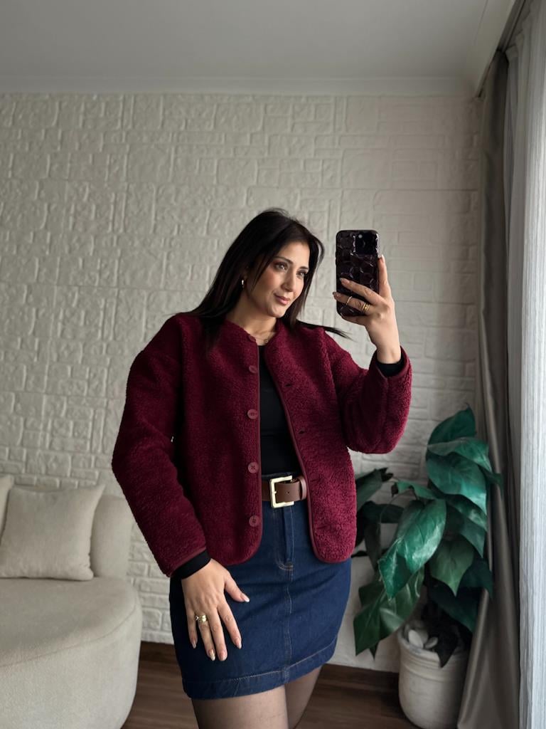 İçi Polarlı Düğmeli Pelüş Ceket Bordo