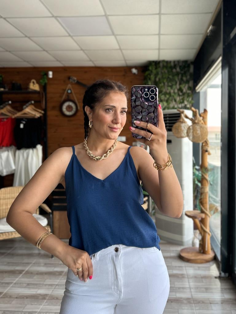 İndigo Mavi İthal Aerobin Kumaş Askılı Bluz