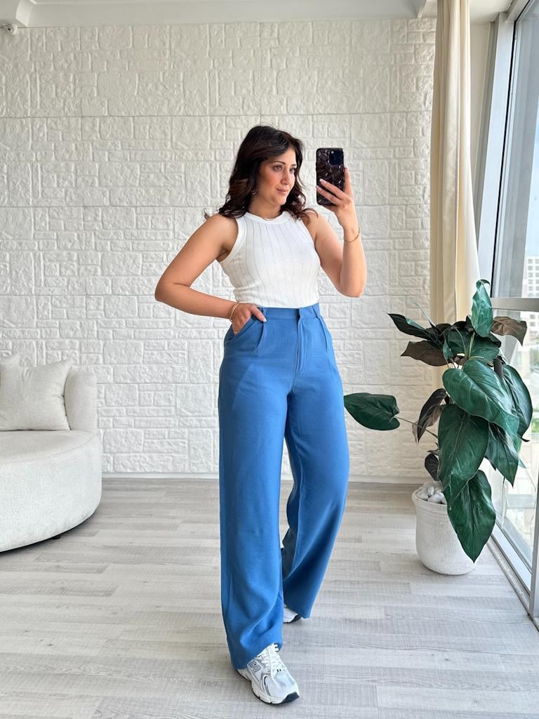 İndigo Mavi Keten Palazzo Pantolon