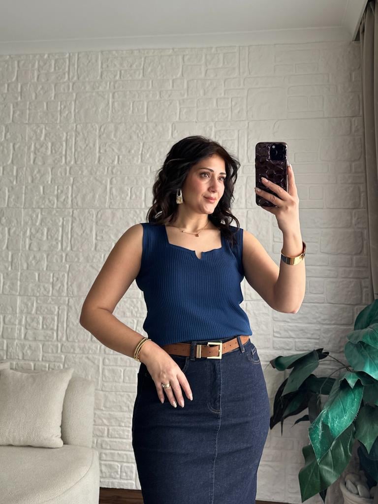 İndigo Mavi V Yaka Detaylı Fitilli Full Likralı Bluz
