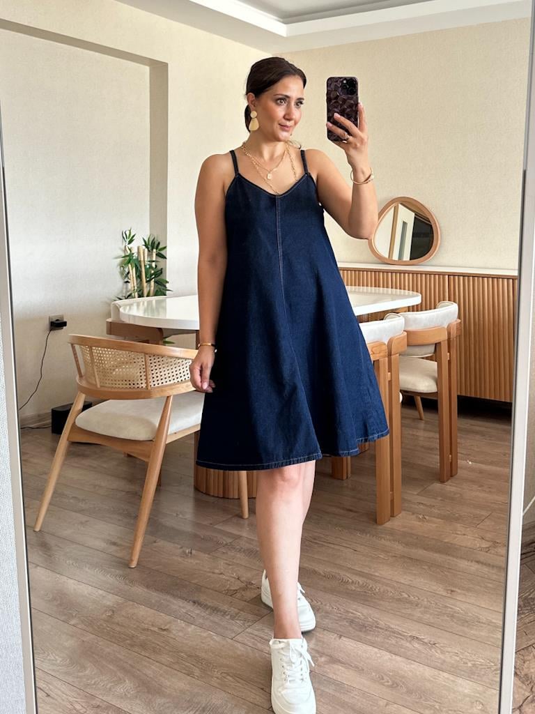 İp Askılı Mini Jean Elbise
