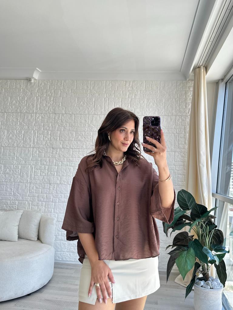 Kahve Oversize Kısa Kol Transparan Tül Gömlek