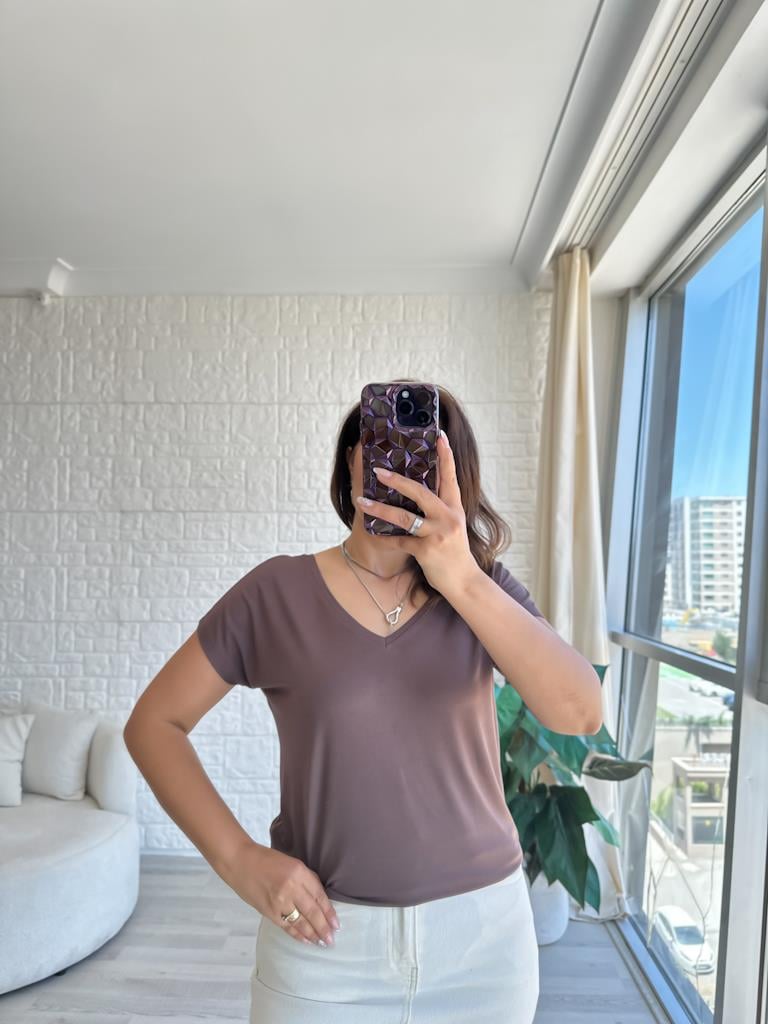 Kahverengi  Arka Ön V Yaka Modal Penye Tişört