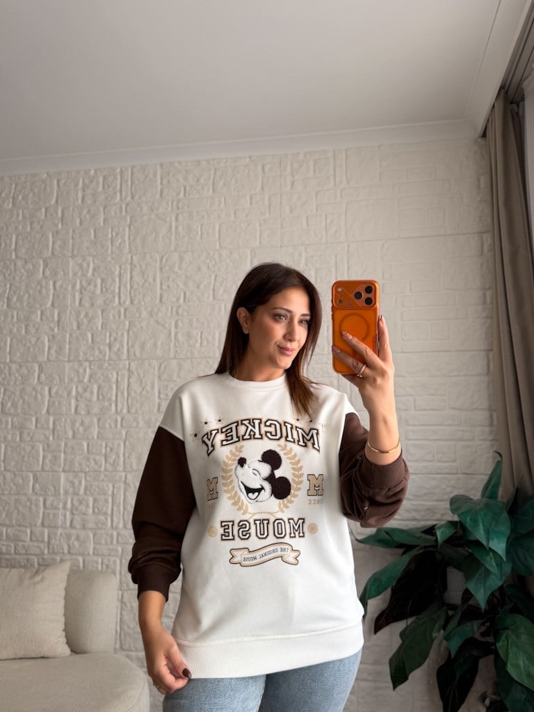 Kahverengi Ekru Mickey Panç Nakışlı İki İplik Pamuk Sweat