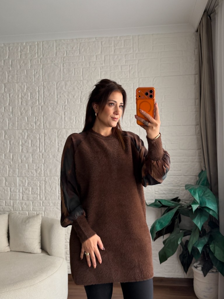 Kahverengi Reglan Kol Kumaş Detalı Yumoş Tunik
