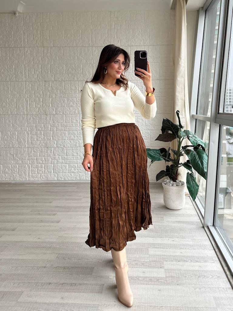 Kahverengi Saten Kumaş Lüks Kalite Midi Boy Etek