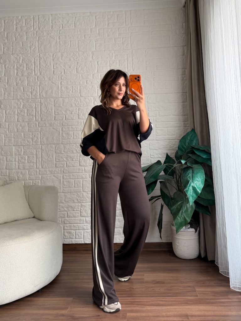 Kahverengi V Yaka Paraşüt Garnili Modal Takım