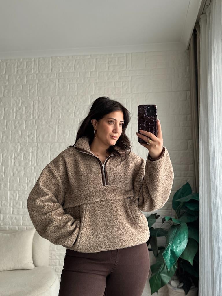 Kanguru Cepli Peluş Teddy Fermuarlı Polar Sweatshirt Kahverengi