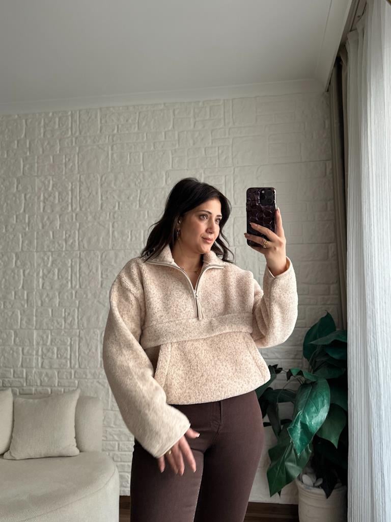 Kanguru Cepli Peluş Teddy Fermuarlı Polar Sweatshirt Ekru