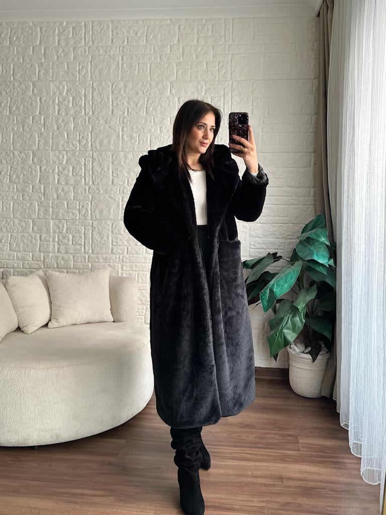 Kapşonlu Uzun Pelüş Kaban Siyah